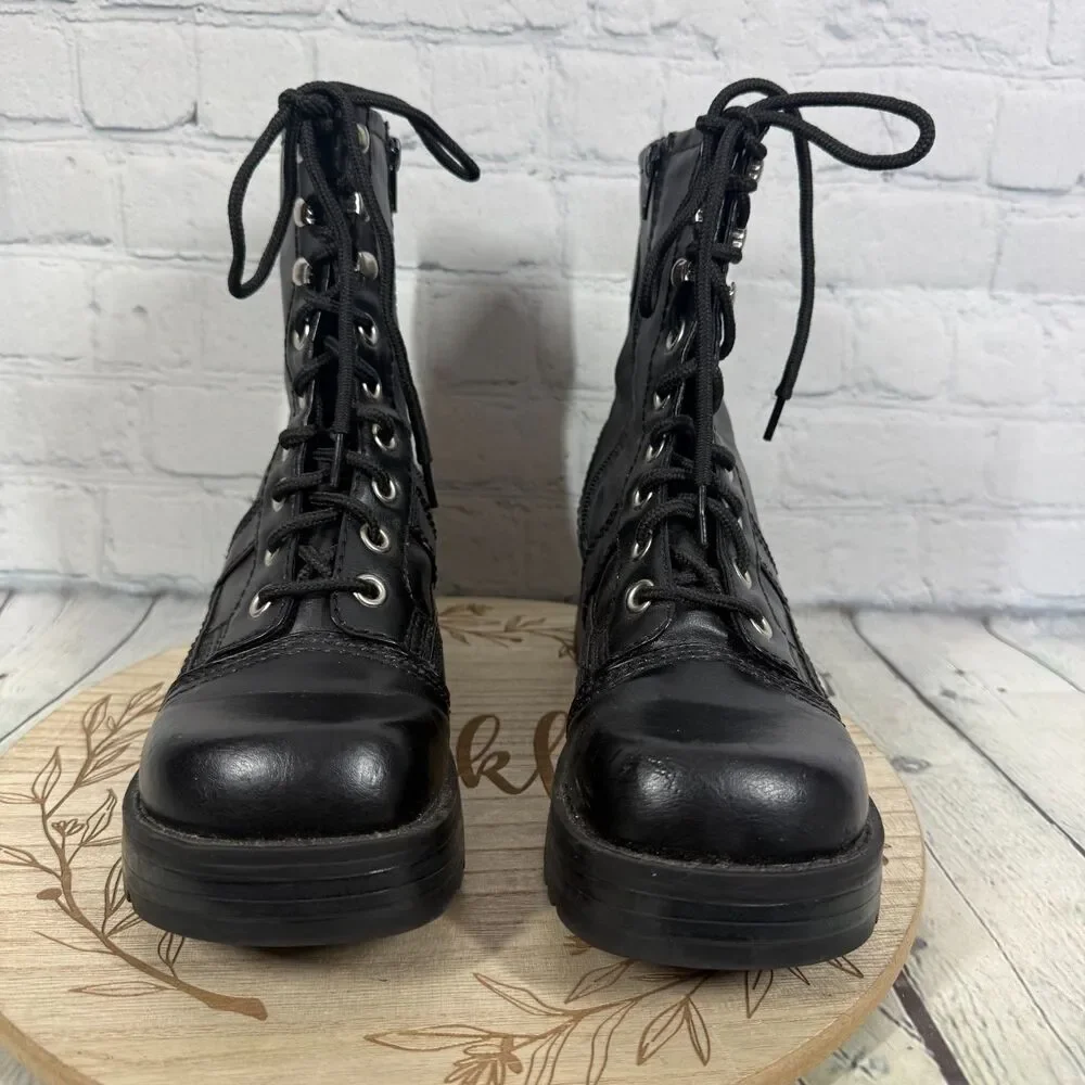 Vintage Y2K Grunge Goth Combat Boots Black Women Size 8 Chunky Platform Lug Sole